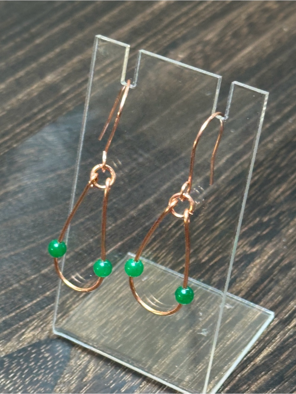 Handmade Copper Jade Earrings | Green Jade Teardrop Dangles